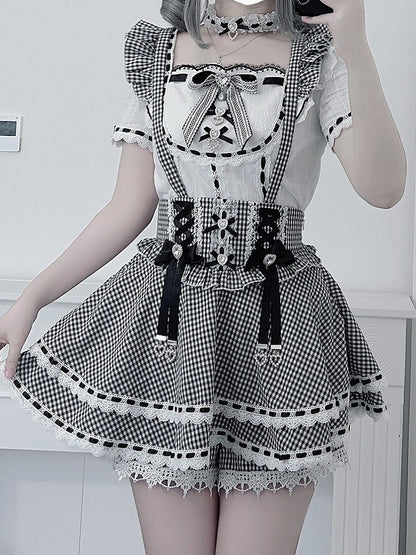 Black White Jirai Kei Square Neck Cotton Blouse with Bow Lace Details - Broken Bear