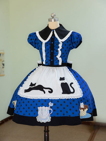 Dark Blue & Black Polka Dot Lolita Dress Set with Cat Theme Design - Rock Candy Box