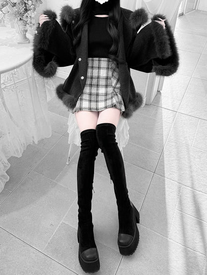 Clean & Innocent Black Jirai Kei Wool Cape Coat - Detachable Bunny Ears & Plush Edge Detailing