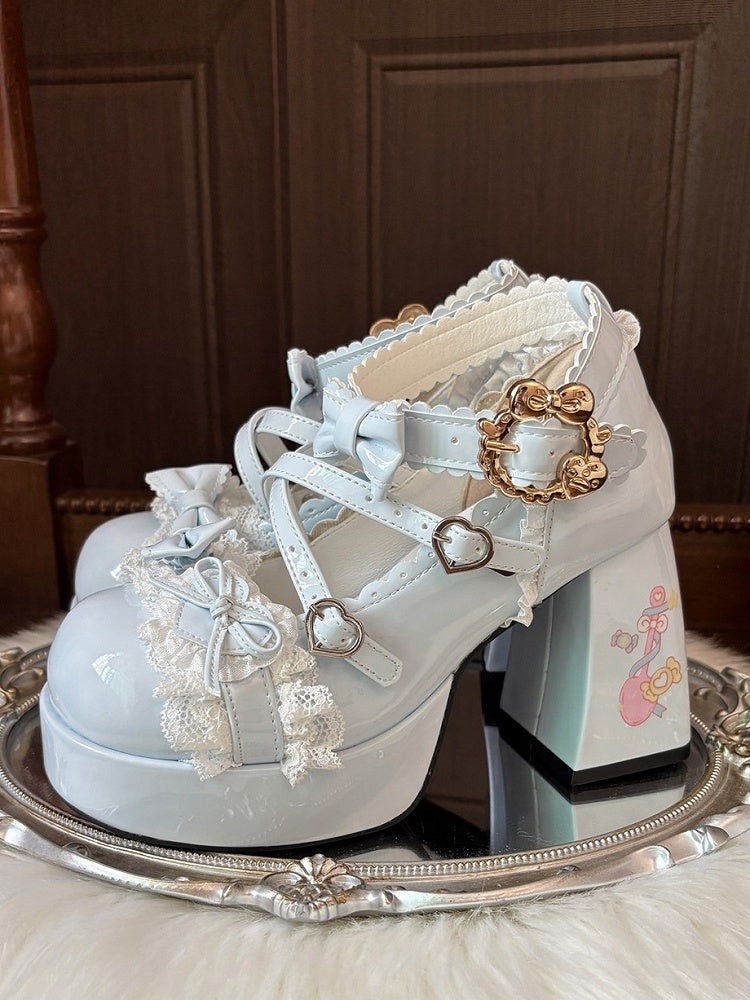 Edging with PU in Details High Lace Print Heel Bowknot Block Lolita Spoon Blue Sky Sweet Elegant Heels