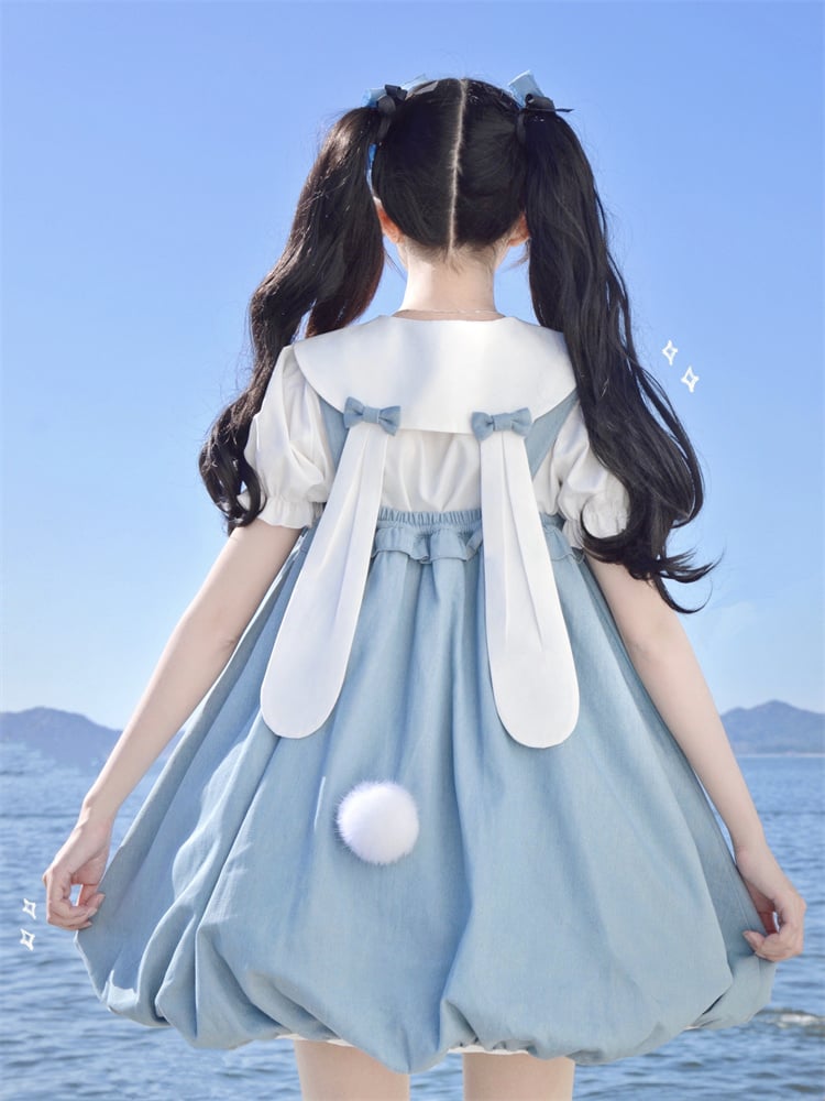 Blue Heart Buckle and Pocket Bunny Tail Detail  Bubble Skirt Overalls
