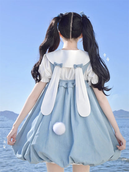 Blue Heart Buckle and Pocket Bunny Tail Detail  Bubble Skirt Overalls
