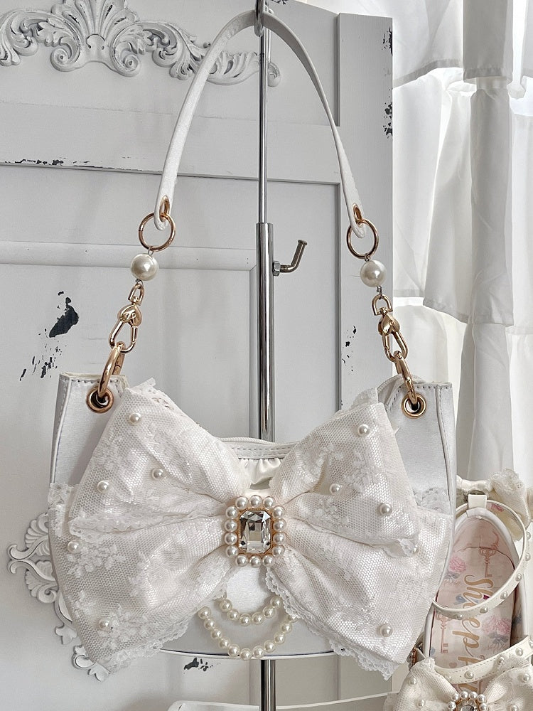 Sweet Lolita Satin Shoulder Bag with Sparkling Beaded Bow - Sheep Puff Bag