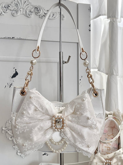 Sweet Lolita Satin Shoulder Bag with Sparkling Beaded Bow - Sheep Puff Bag