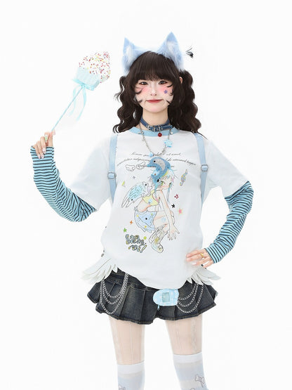 Green/White Sleeve Long Faux Two-Piece Top Y2K Cartoon Striped Print