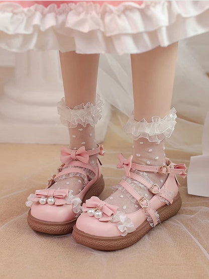 Ruffles Lace Lolita Beaded with Charm Pink Bow Ornate Flats Top - Crisscross Hime Straps