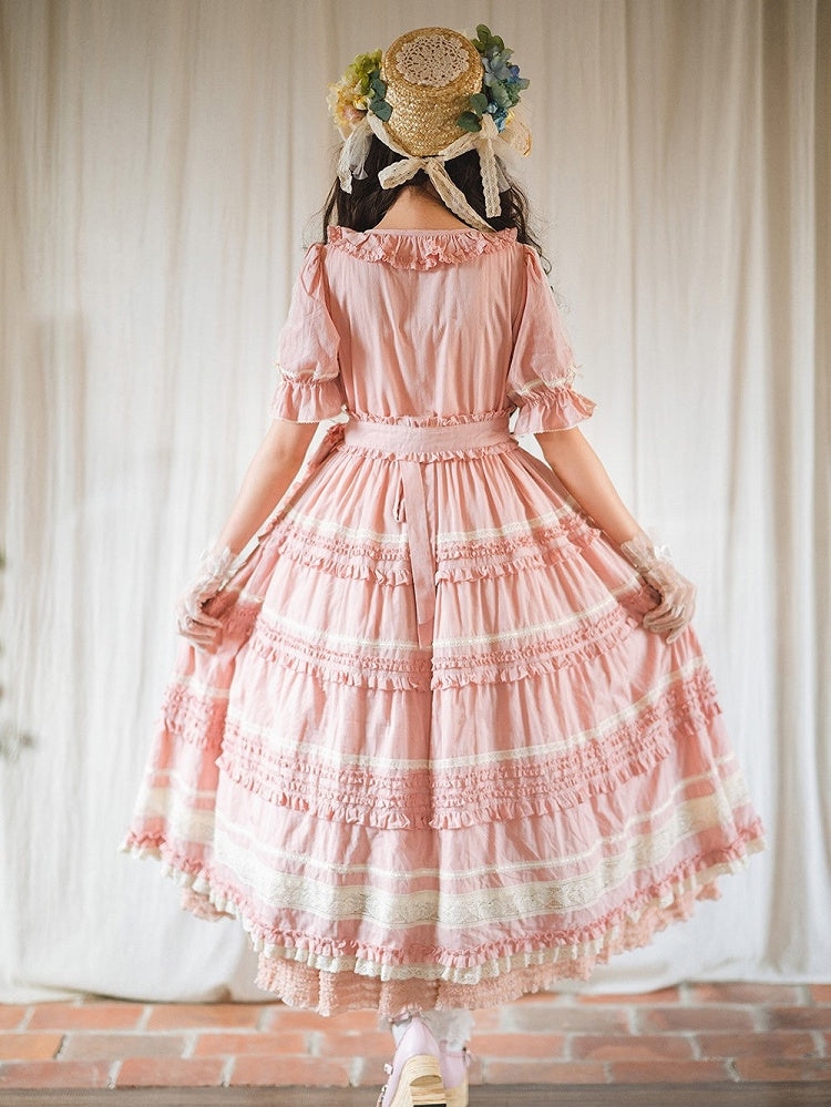 Pink Layered Ruffles Elegant Dress with Front Buttons - Miss Point