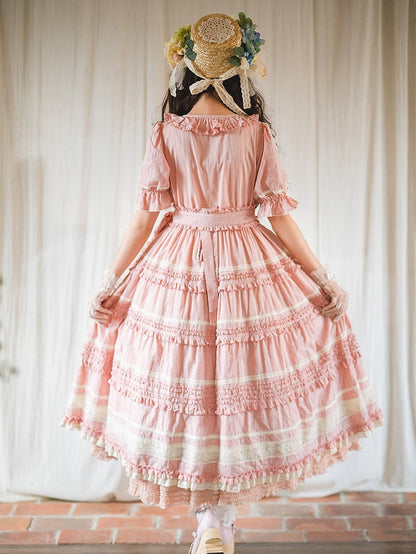 Pink Layered Ruffles Elegant Dress with Front Buttons - Miss Point