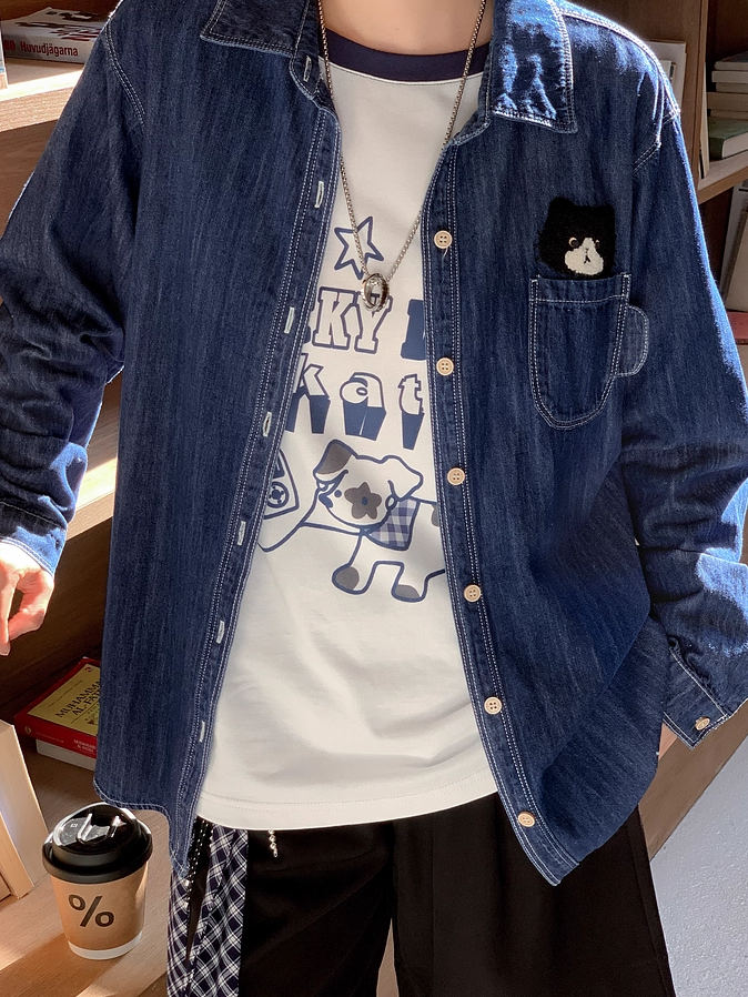 Kitty Dark Blue Faded Wash Denim Shirt Cute Embroidery