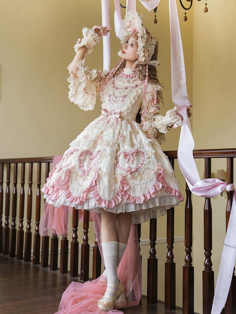 Beige Hanayome Rosette Stickerei Blumen und Perlenkette Lolita OP Komplettset