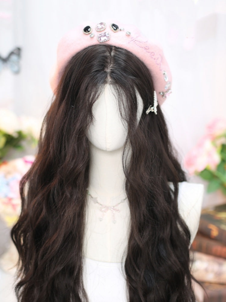 Black Tea Under Bust Length 65-70CM Wavy Wig with Curtain Bangs