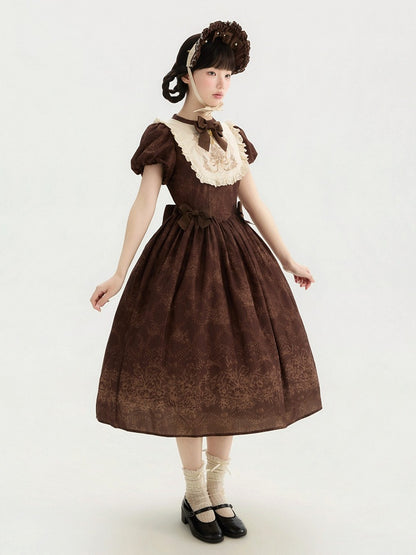 Bodice Lolita Long and Classic Floral Brown One Piece Embroidery Version Bowknot