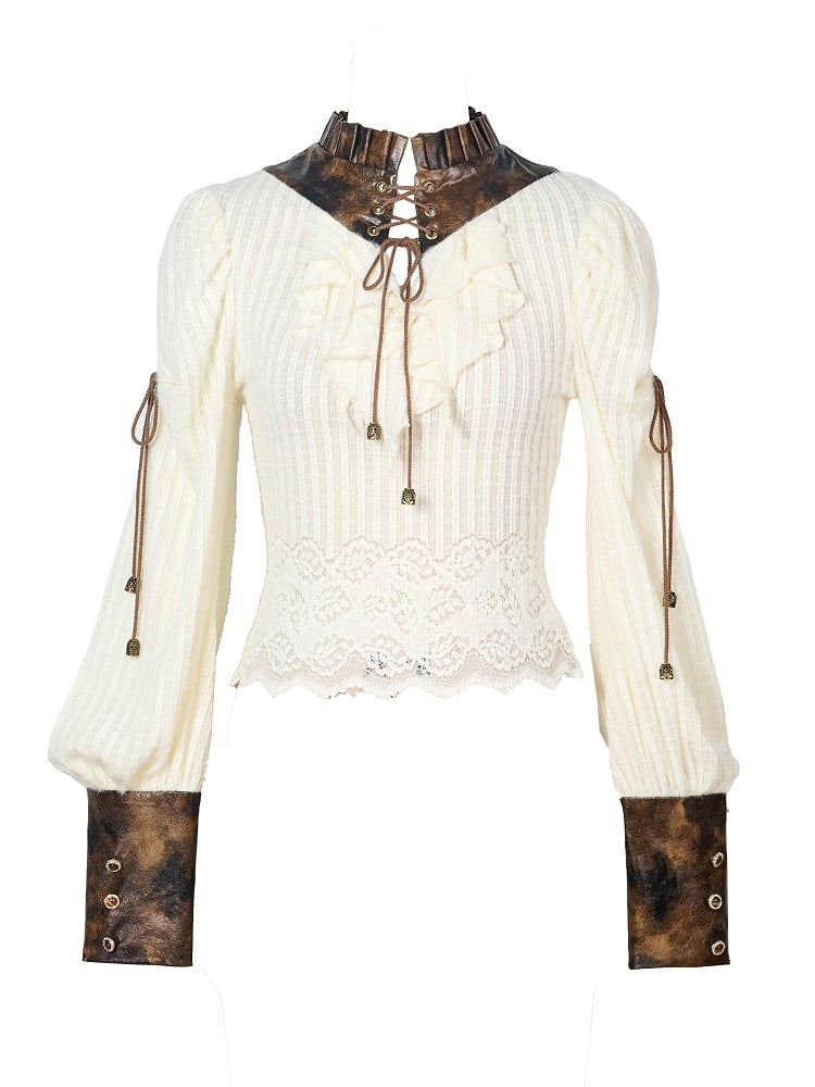 Top Knit PU Lacing Brown Steampunk Crisscross Collar + with White Cuffs