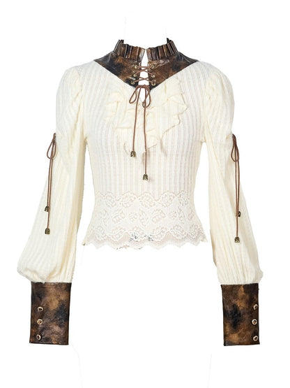 Top Knit PU Lacing Brown Steampunk Crisscross Collar + with White Cuffs