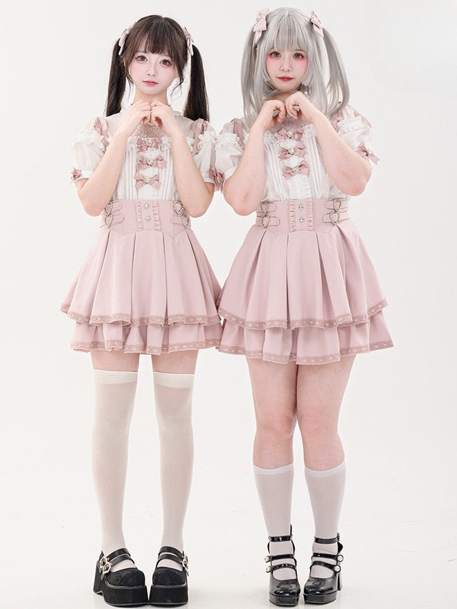 蝶結びのショート丈ジライラインストーンシャツプリーツピンクのディテール袖装飾ケイハート