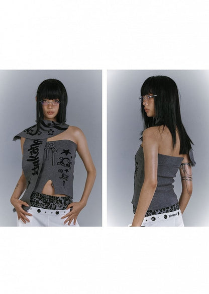 Skull + Punk Star Scarf Edgy Front Matching with Gray Slit Strapless Print Top
