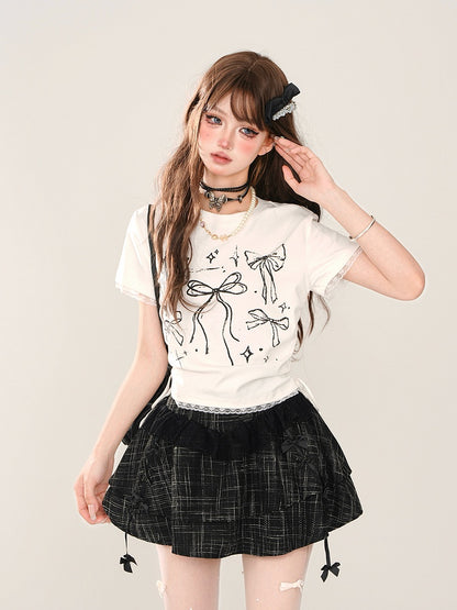 Sweet T-shirt with Bowknot Print Waist Drawstrings White Lace-trimmed