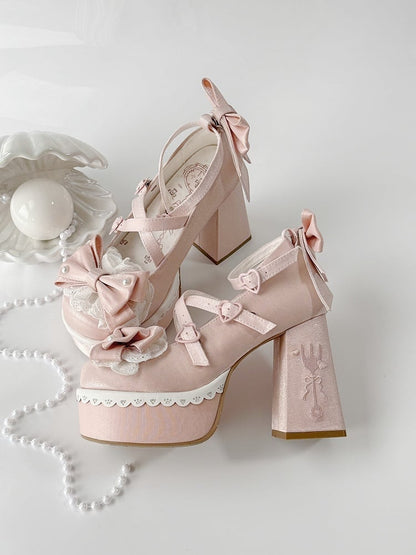 Lolita Platform Straps Embroidery Lace High Bowknot Pink Heels Block Fork Buckle