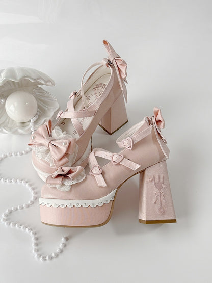 High Lace Pink Block Embroidery Buckle Heels Fork Bowknot Lolita Platform Straps
