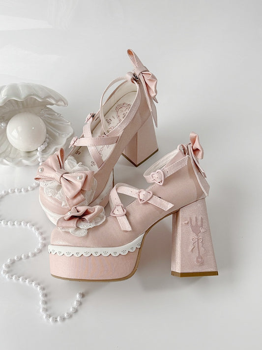 High Lace Pink Block Embroidery Buckle Heels Fork Bowknot Lolita Platform Straps
