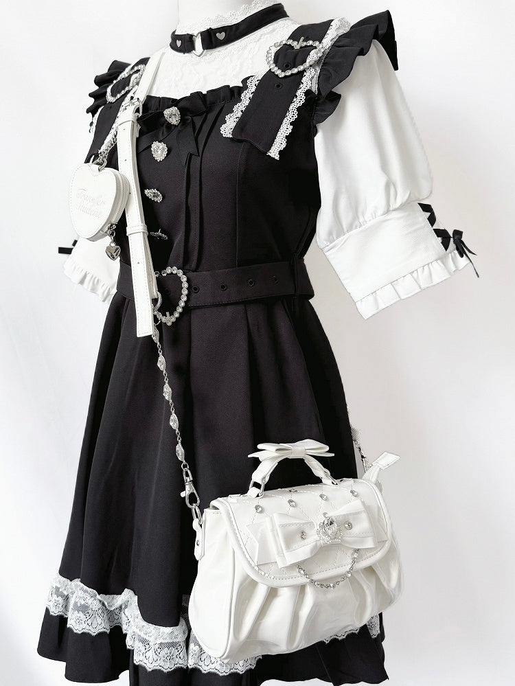 Hand/Crossbody Kei Rhinestone Detachable White Accent Bag Crown-Embellished Strap Bow in Jirai
