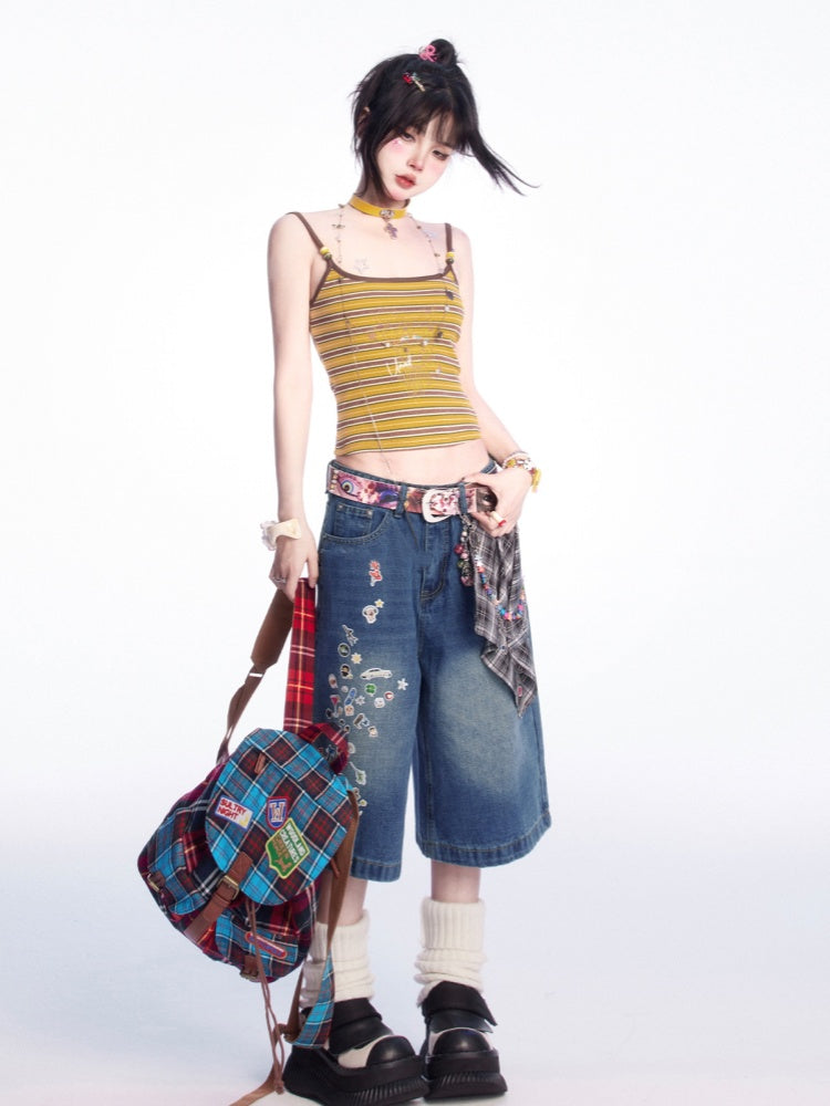 スクープトップネックライン ジンジャー/ピンクストライプ キャミソール スリムフィット