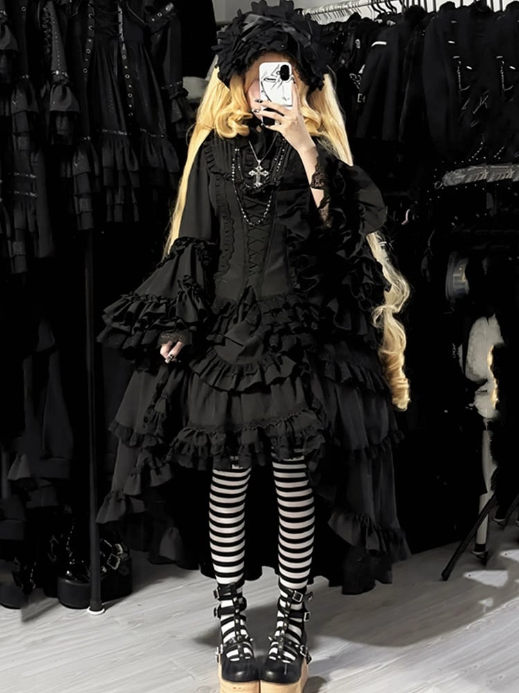 Ruffle Aristocrat Gothic Black Drawstring Layered Lolita High-low Skirt