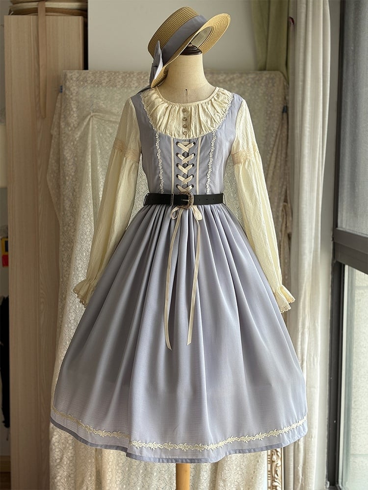Light Gray & Beige Round Neck Long-sleeved Elegant Classic Lolita Dress with Lace-Up Front