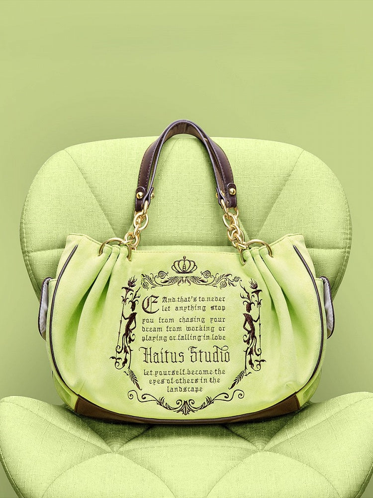 Vintage Green Gothic Lettering Embroidered Tote Bag with Chain Strap