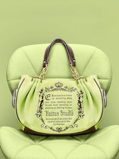 Vintage Green Gothic Lettering Embroidered Tote Bag with Chain Strap