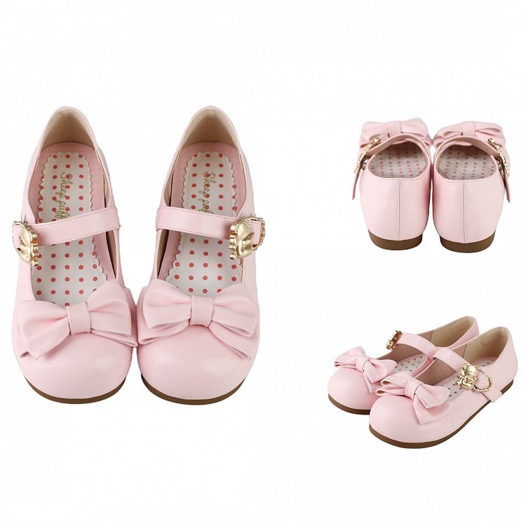 Pink Sweet Flats Bear at with Bow Heart Lolita Top Buckles Hugging