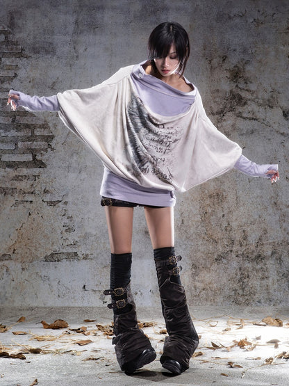 Top with Purple Print Accents Button Two-piece Punk Apricot Letter