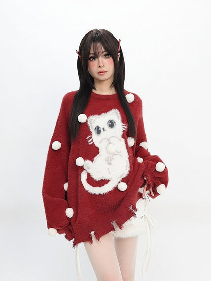 Daily Embellishments Neck Round Kawaii with Red Sweater Pom-pom