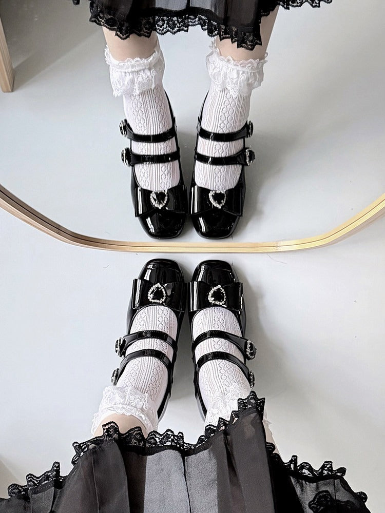 Elegant Black Square Toe Mary Jane Shoes with Heart Decor Buckle Straps - Transfer Student