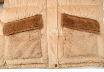 Khaki Cute Capybara Adorned Hooded Down Jacket Detachable Hood