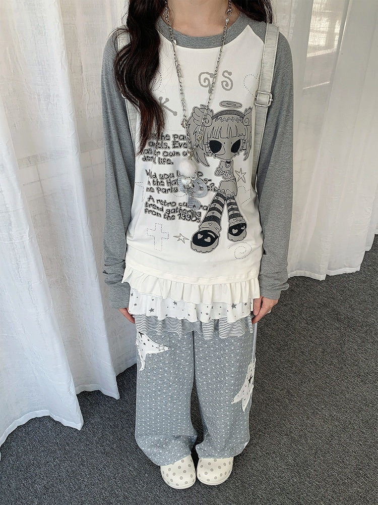 White Raglan Sleeve Cartoon with Top Hem Print Girl Flounce