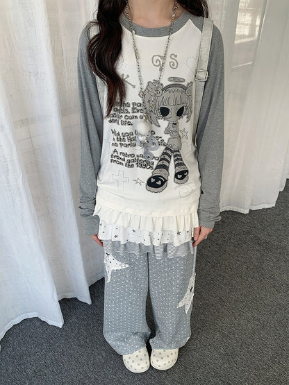 White Raglan Sleeve Cartoon with Top Hem Print Girl Flounce