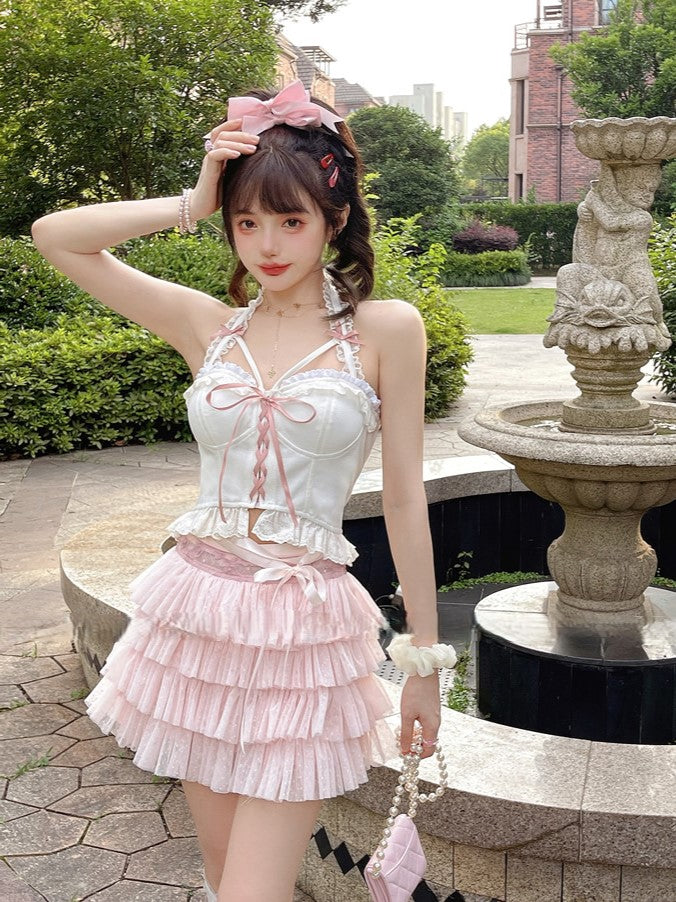 Gepunkteter Puff-Tupfen-Stufenrock mit Satinschleife in Rosa