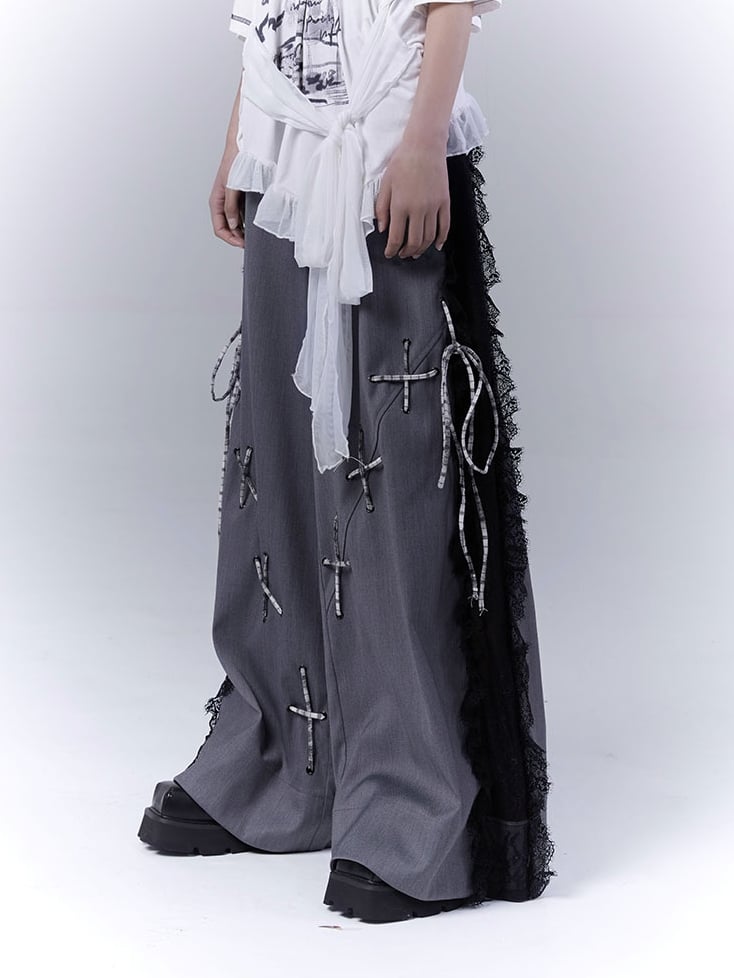 Dark Gray Lace Patches Lace-up with Casual Pants Details Side