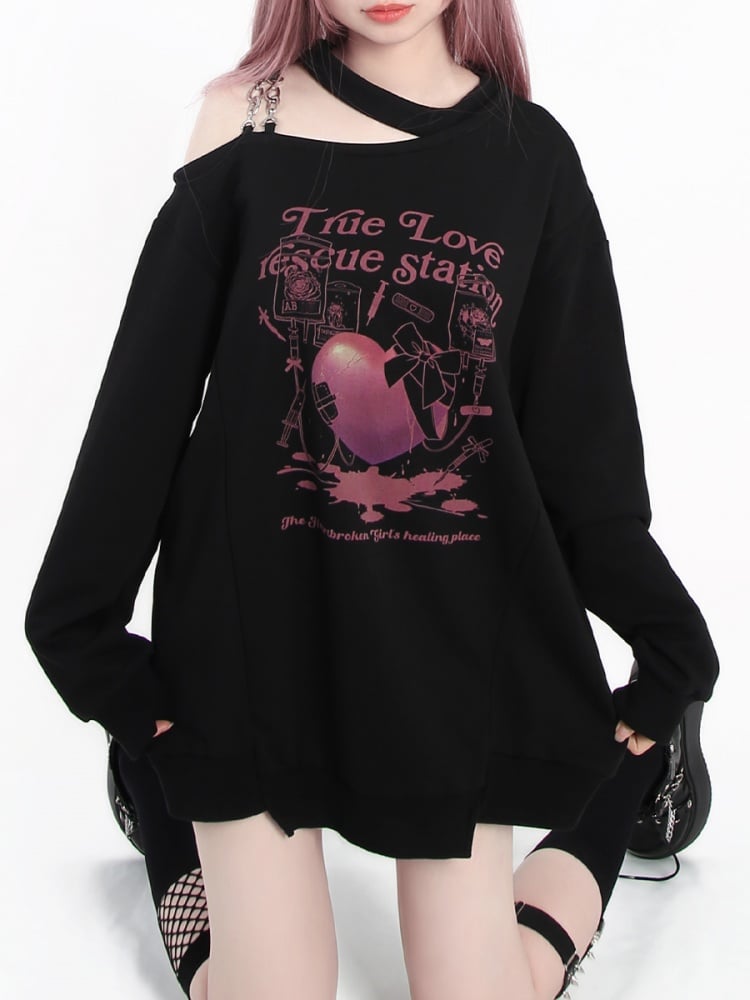 ブラックのカットアウトショルダーハート＆リボンプリントトップス