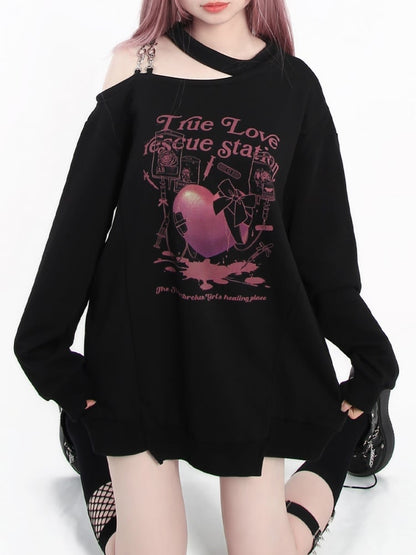 ブラックのカットアウトショルダーハート＆リボンプリントトップス