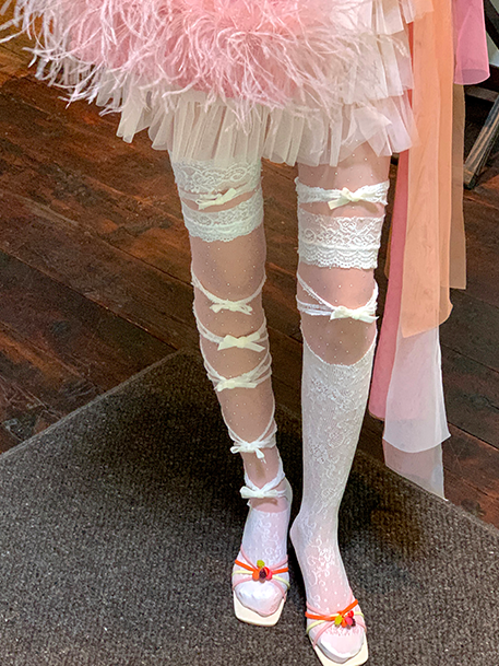 Spitzenbesatz Strümpfe Weiß/Rosa/Blau/Lila/Grau/Schwarz Design Asymmetrische Schleife Overknee