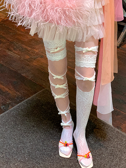 Spitzenbesatz Strümpfe Weiß/Rosa/Blau/Lila/Grau/Schwarz Design Asymmetrische Schleife Overknee