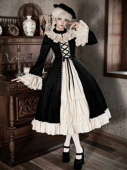 Eyelet Lolita Neckline Trims Ruffle Velvet Scalloped Black Beige Winter Dress with