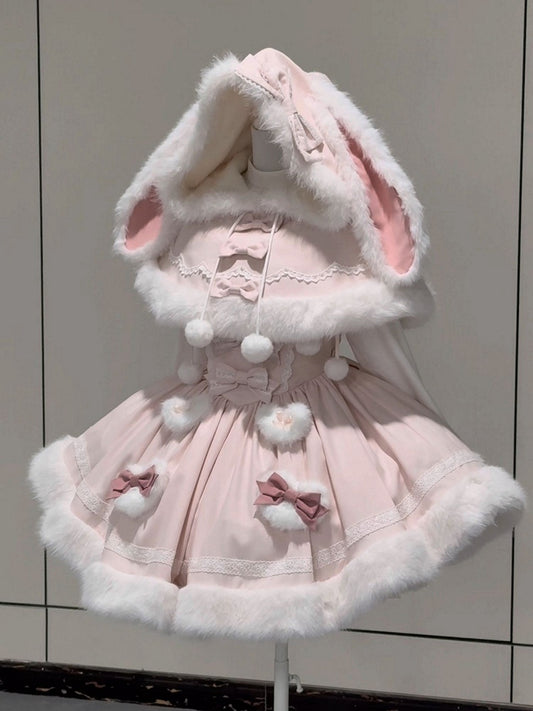 Plush Hooded Trimming Cape Bunny Pink White Winter Ears with