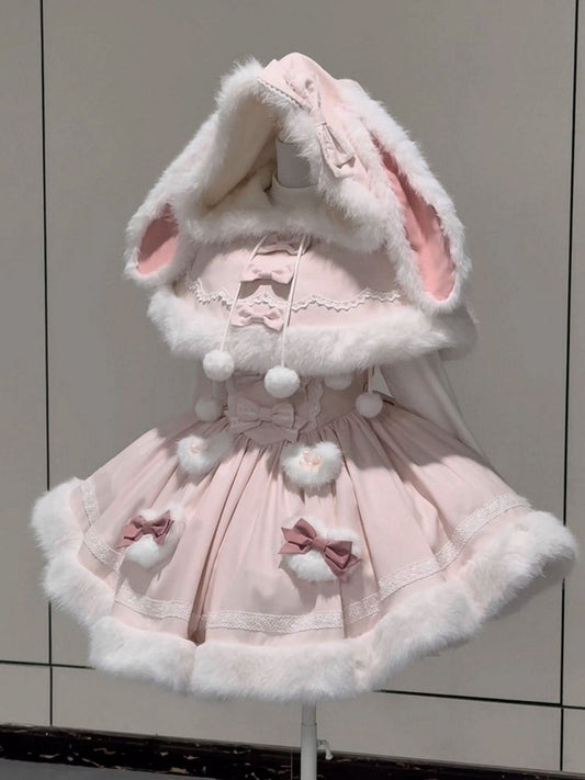 Plush Ears Winter with Bunny Trimming White Pink Hooded Cape