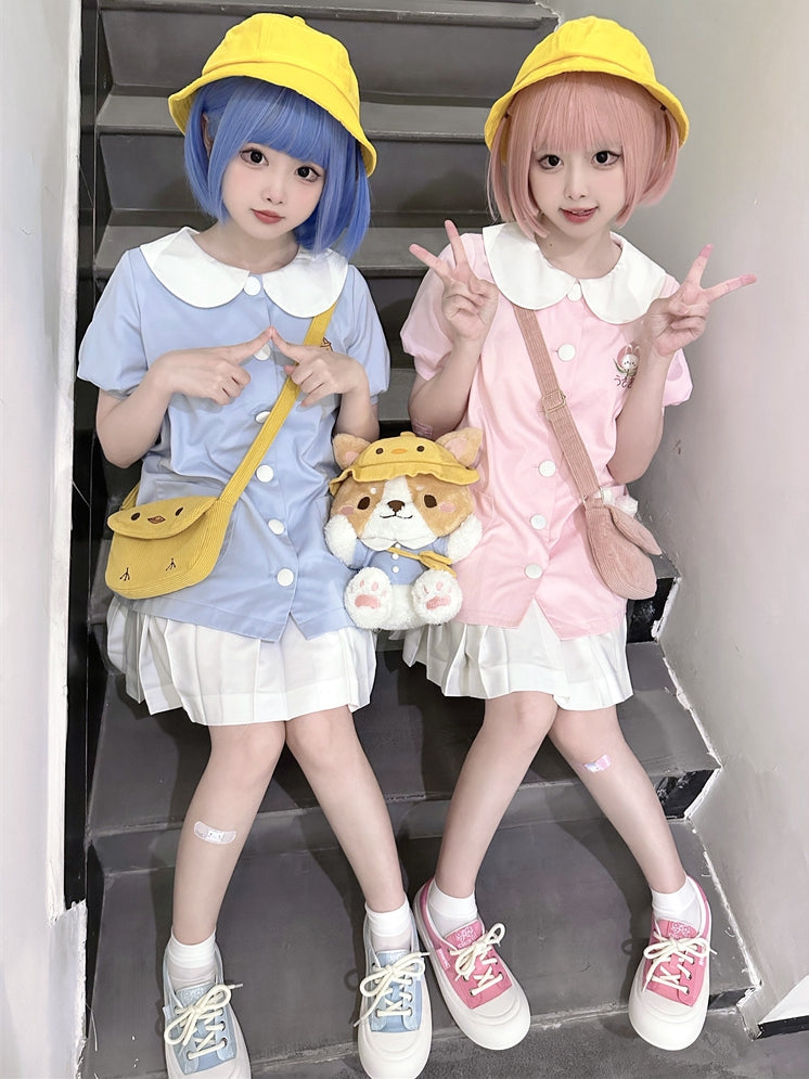 Hellblaues Top mit Puffärmeln und Peter-Pan-Kragen von Little Chicken