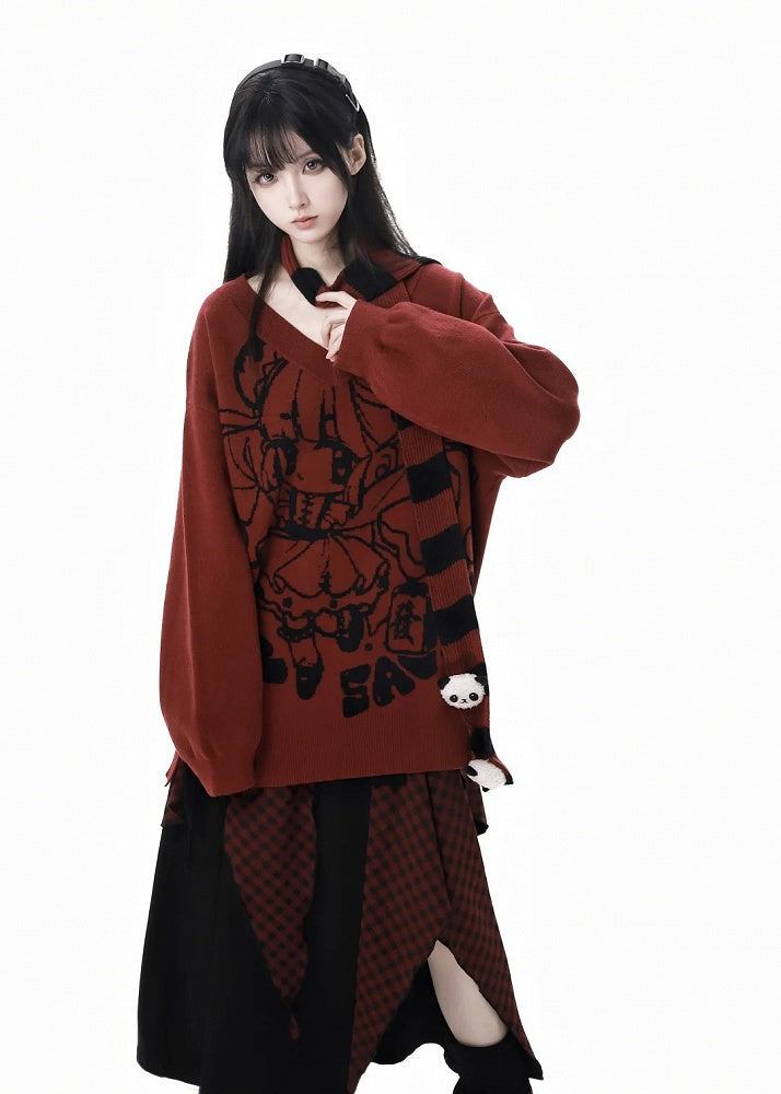 Roter Strickpullover mit V-Ausschnitt und Cartoon-Muster