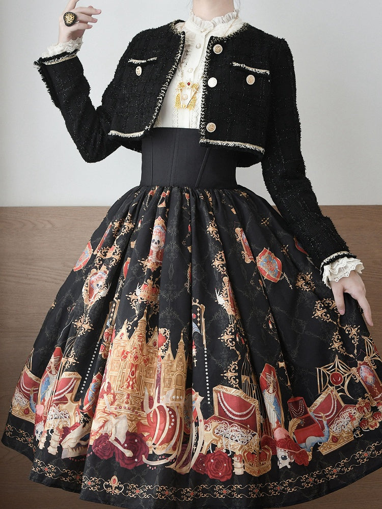 Jewelry Waist Print Lolita Black Skirt High Dragon Boned Bone and