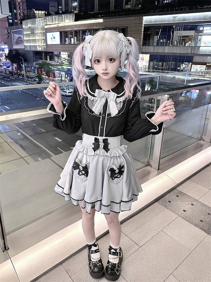 Pockets Light Jirai Skirt with Blue Kei High-Waisted Heart-Shaped Tiered